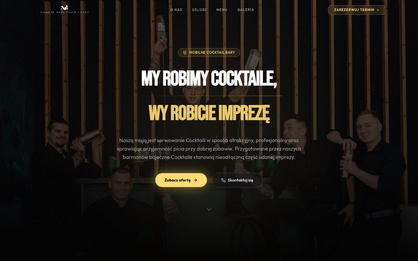 Zrzut strony Mobilne Cocktail Bary: zdjęcie zespołu barmańskiego, złota typografia i przyciski kontaktu